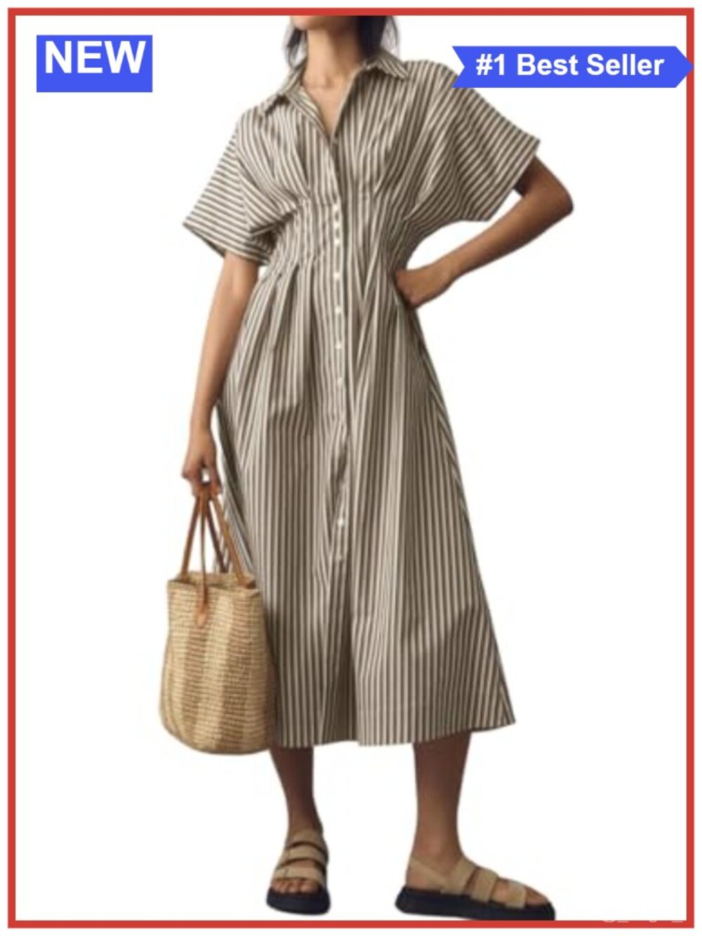 Striped Shirt Dress Pleated Button Down Maxi Cotton Casual